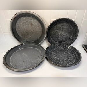 Vintage Speckled Graniteware Enamelware Dark Gray Lot Pie Plate 8 In And 10 In